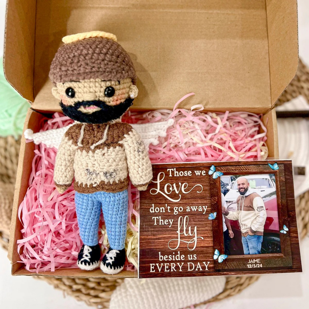 Personalized Memorial Crochet Doll with Photo Card "Those We Love Don't Go Away"