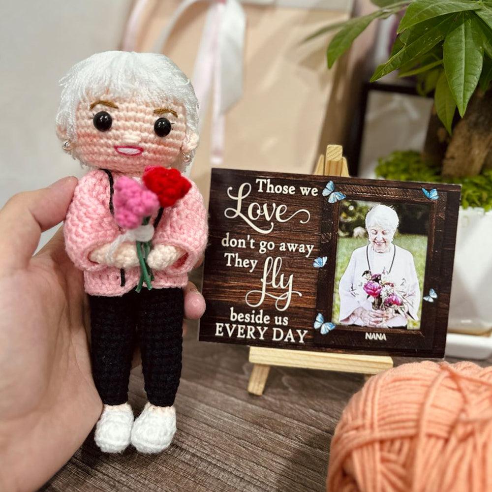 Personalized Memorial Crochet Doll with Photo Card "Those We Love Don't Go Away"