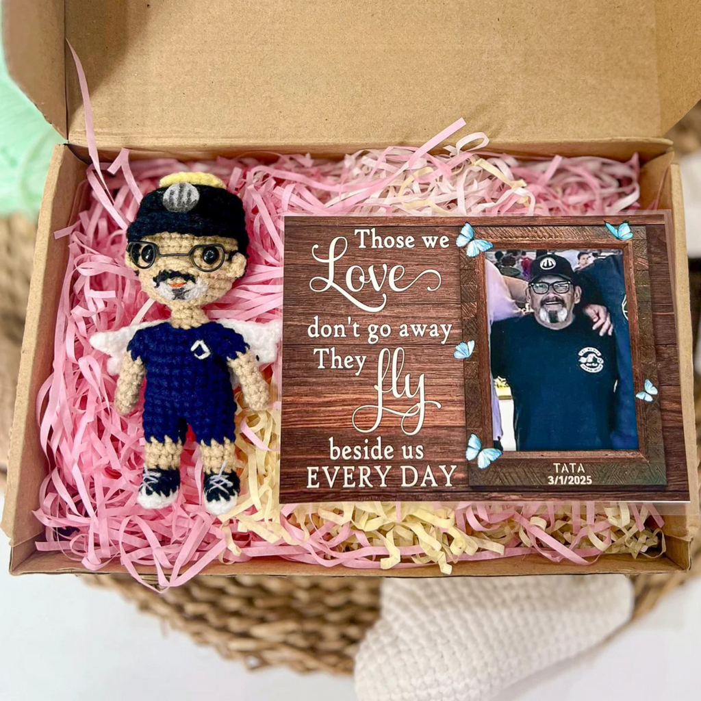 Personalized Memorial Crochet Doll with Photo Card "Those We Love Don't Go Away"