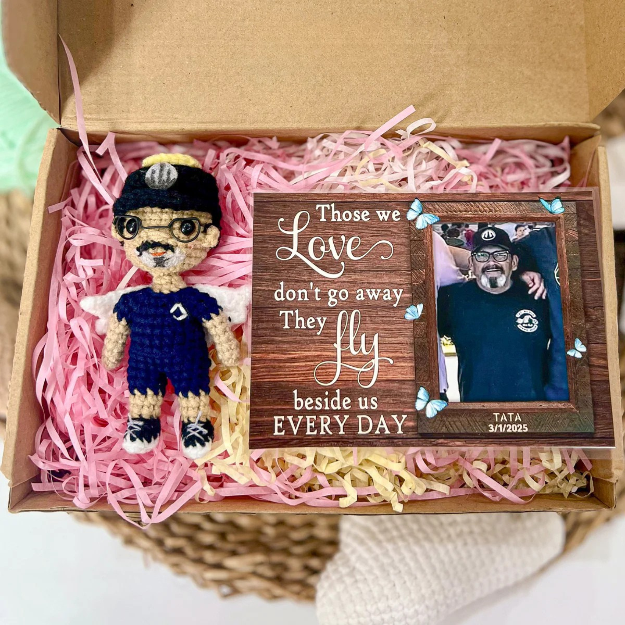 Personalized Memorial Crochet Doll with Photo Card "Those We Love Don't Go Away"