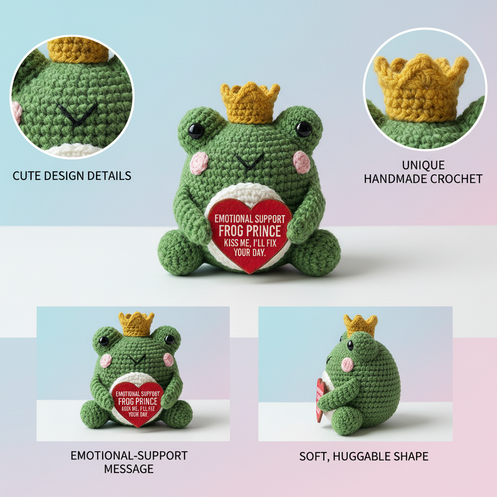 Emotional Support Frog Prince Crochet Doll, Amigurumi Plush, Valentine's Day Gift Idea