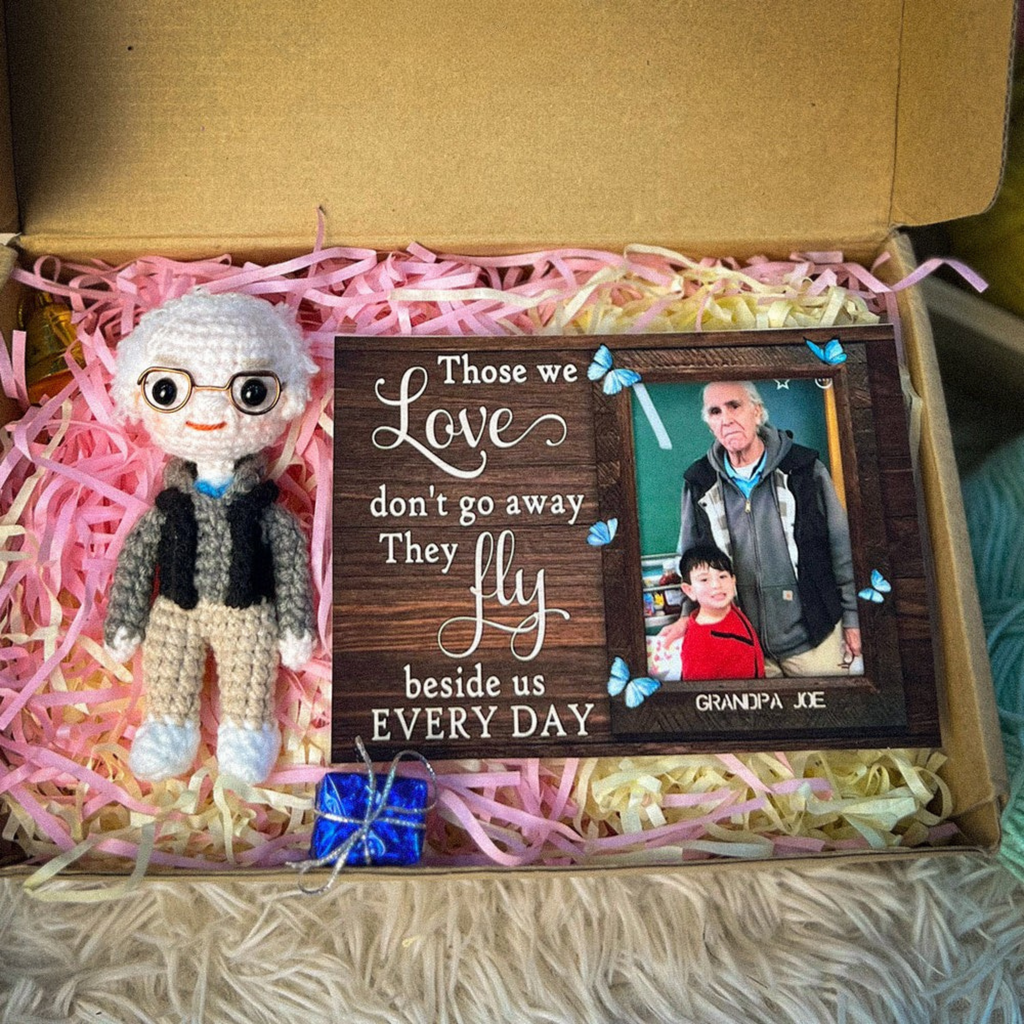 Personalized Memorial Crochet Doll with Photo Card "Those We Love Don't Go Away"