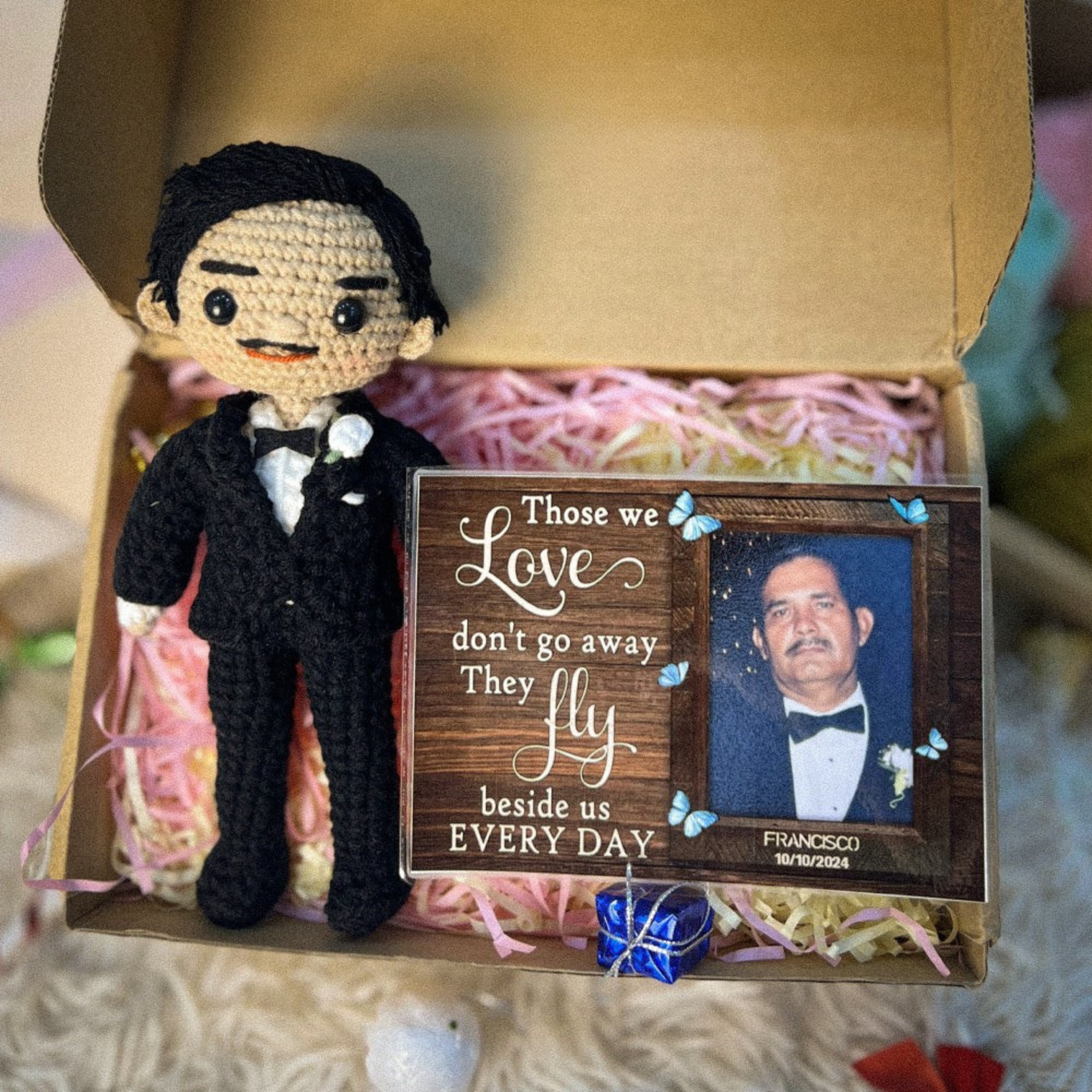 Personalized Memorial Crochet Doll with Photo Card "Those We Love Don't Go Away"