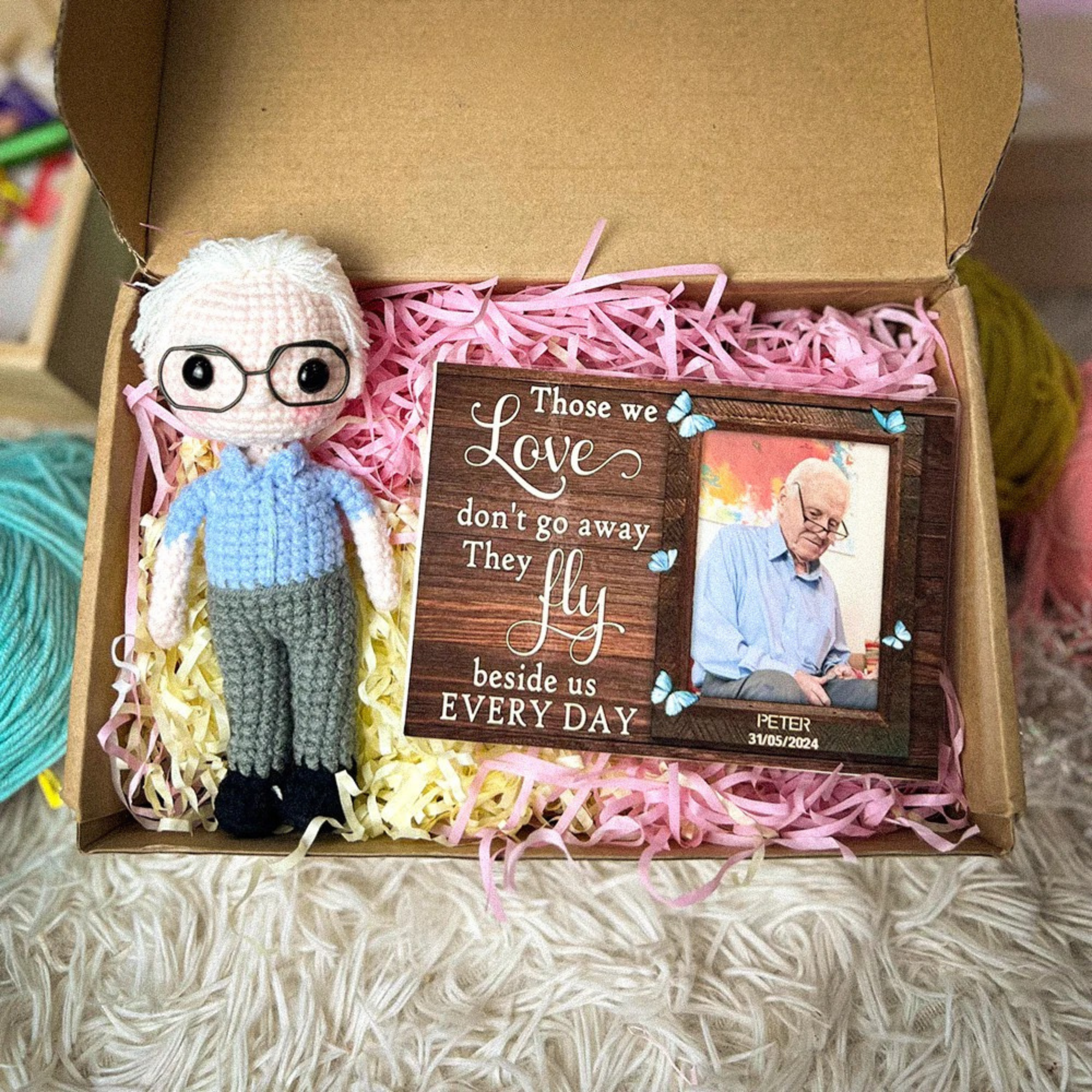 Personalized Memorial Crochet Doll with Photo Card "Those We Love Don't Go Away"