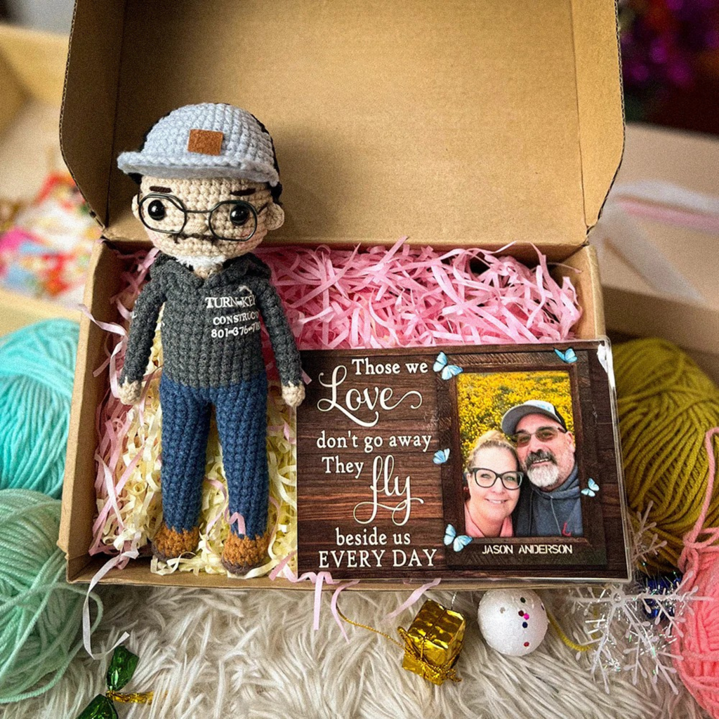 Personalized Memorial Crochet Doll with Photo Card "Those We Love Don't Go Away"