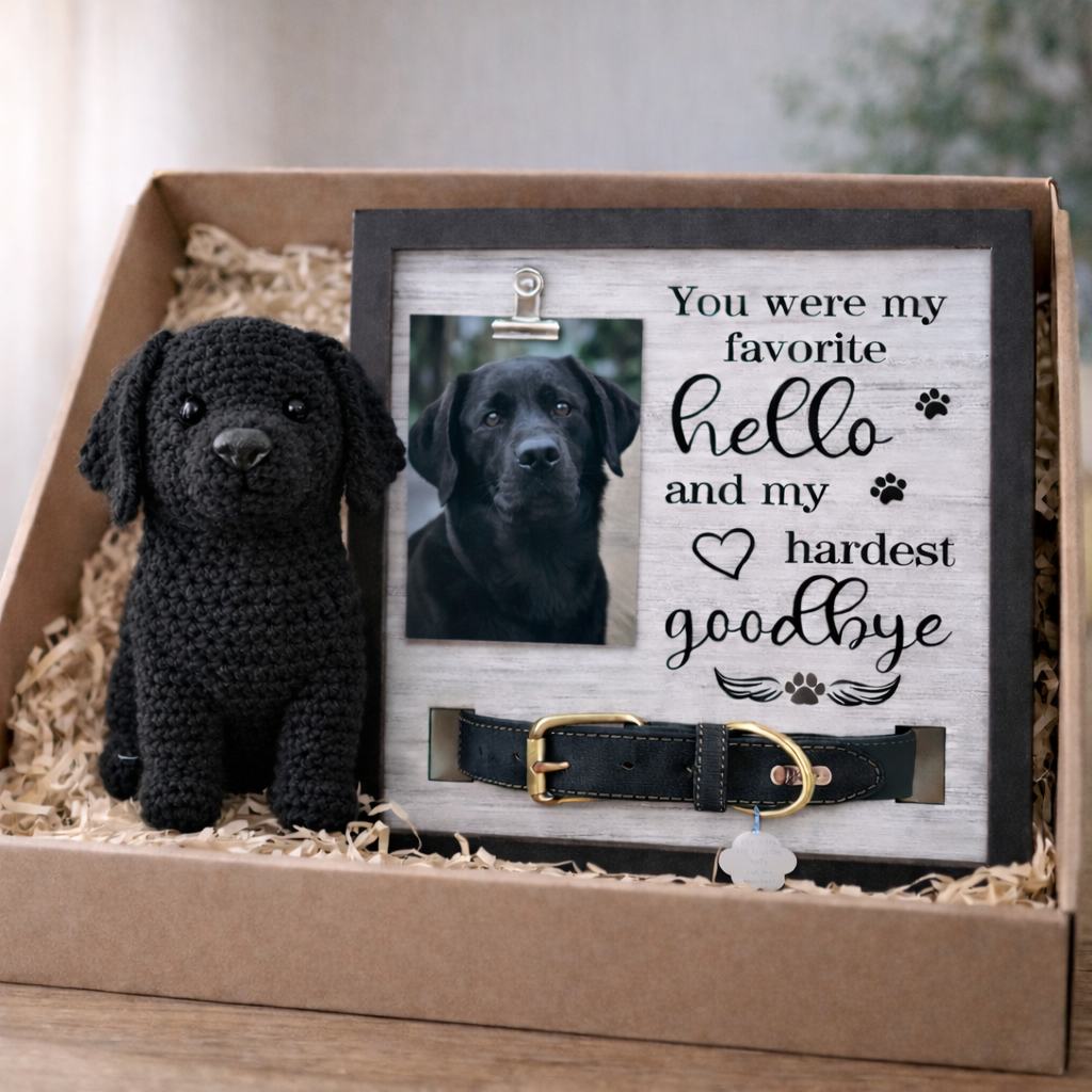 Dog Memorial Gifts - Handmade Crochet Dog Doll & Personalized Memorial Frame with Collar