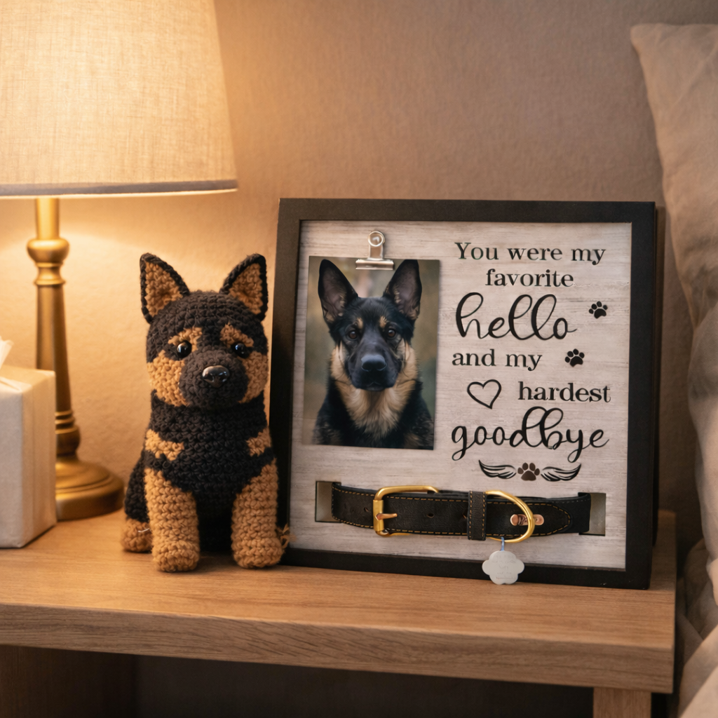 Dog Memorial Gifts - Handmade Crochet Dog Doll & Personalized Memorial Frame with Collar