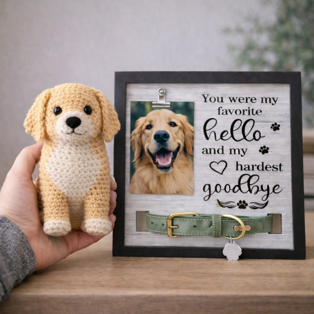 Dog Memorial Gifts - Handmade Crochet Dog Doll & Personalized Memorial Frame with Collar
