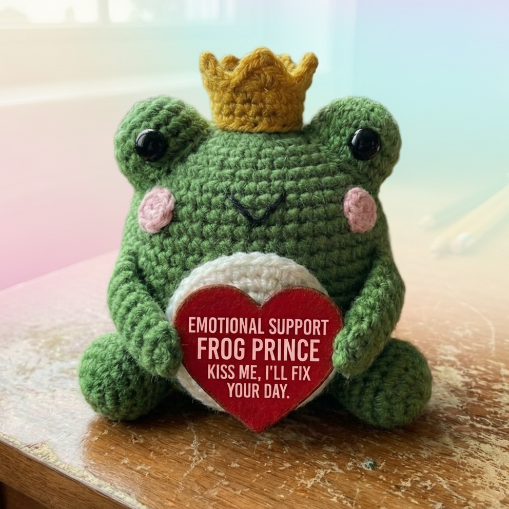 Crocheted frog prince toy with a crown and heart, sitting on a wooden surface.