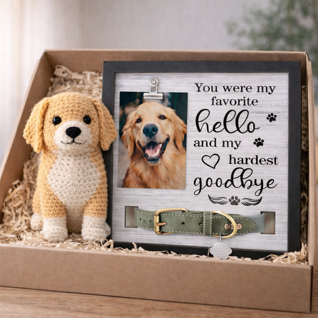 Dog Memorial Gifts - Handmade Crochet Dog Doll & Personalized Memorial Frame with Collar