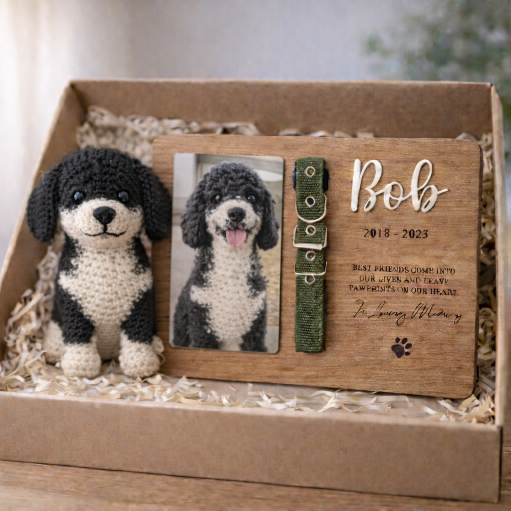Personalized Pet Memorial Gift Set - Handmade Crochet Dog Doll & Custom Wooden Plaque