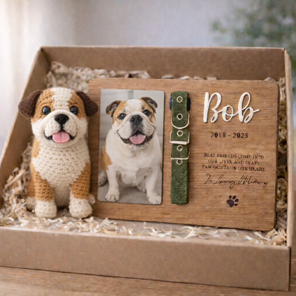 Personalized Pet Memorial Gift Set - Handmade Crochet Dog Doll & Custom Wooden Plaque
