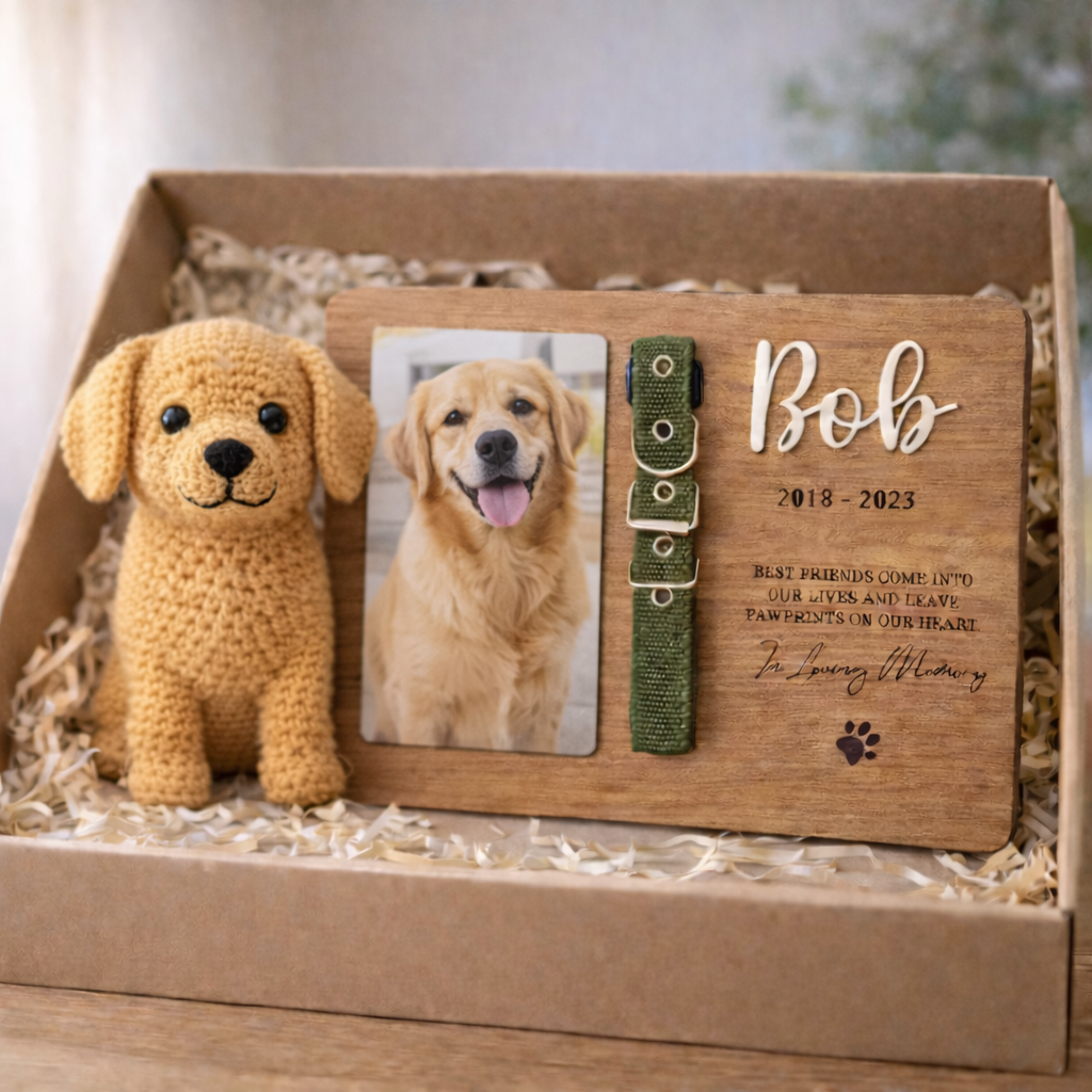 Personalized Pet Memorial Gift Set - Handmade Crochet Dog Doll & Custom Wooden Plaque