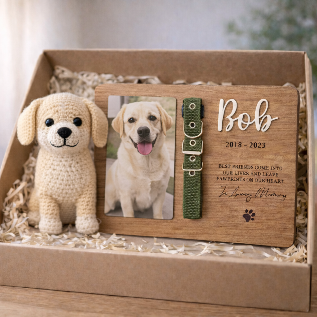 Personalized Pet Memorial Gift Set - Handmade Crochet Dog Doll & Custom Wooden Plaque