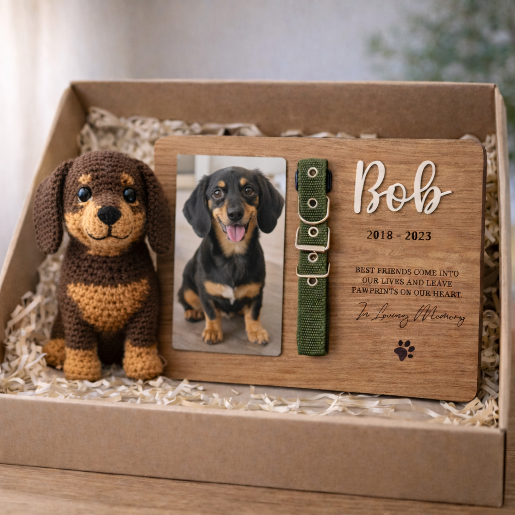 Personalized Pet Memorial Gift Set - Handmade Crochet Dog Doll & Custom Wooden Plaque