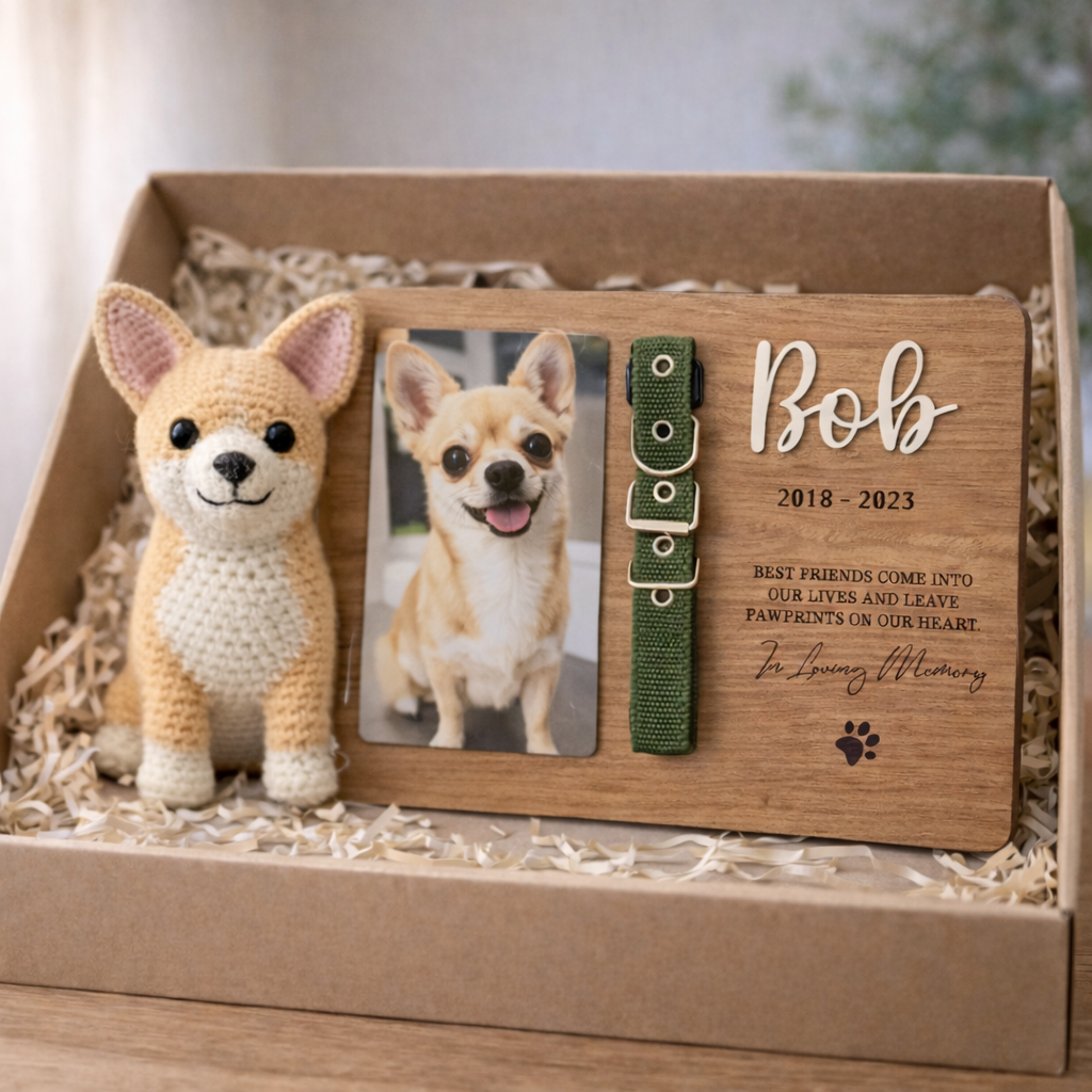 Personalized Pet Memorial Gift Set - Handmade Crochet Dog Doll & Custom Wooden Plaque