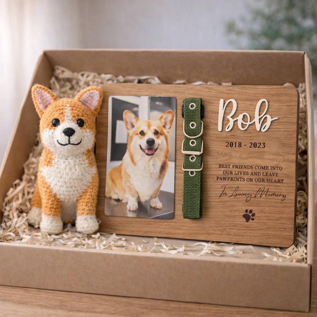 Personalized Pet Memorial Gift Set - Handmade Crochet Dog Doll & Custom Wooden Plaque